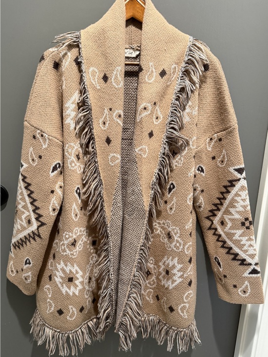 new in Sweaters - Beige Aztec Fringe Open-Front Knit Cardigan